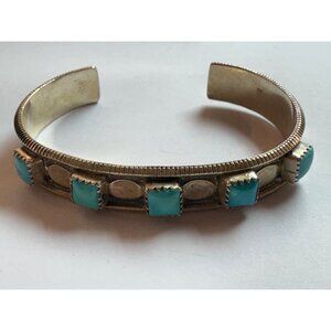 Size 6 RB Sterling Silver Cuff Bracelet w/ 5 Turquoise Gemstones 10.4mm Width